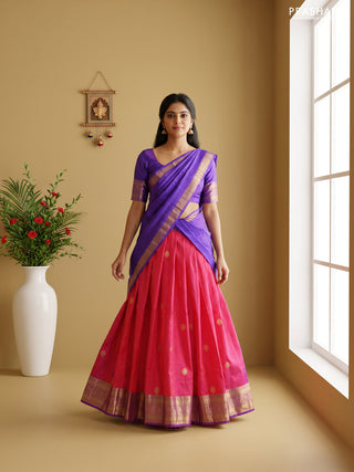 Pure kanchipuram silk lehenga dhawani pink and violet with zari woven buttas and rich zari woven border