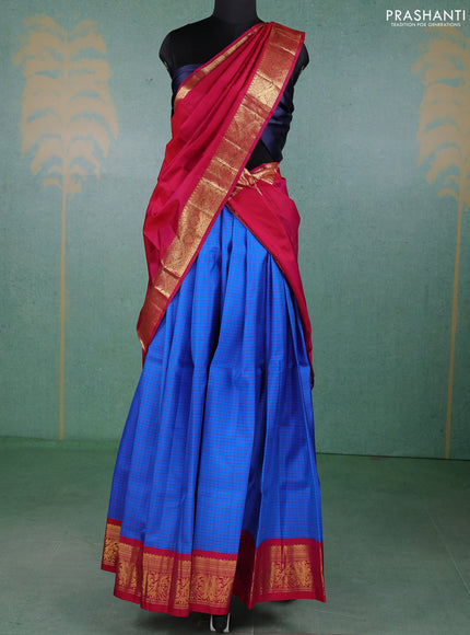 Pure kanchipuram silk lehenga dhawani blue and dark pink with allover checked pattern and rich zari woven border