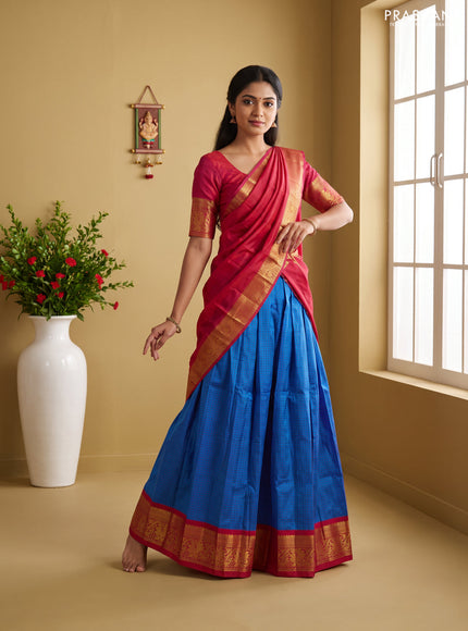 Pure kanchipuram silk lehenga dhawani blue and dark pink with allover checked pattern and rich zari woven border