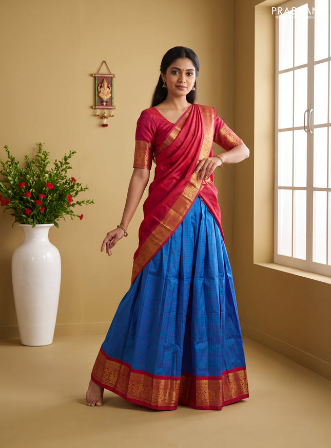 Pure kanchipuram silk lehenga dhawani blue and dark pink with allover checked pattern and rich zari woven border