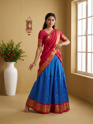 Pure kanchipuram silk lehenga dhawani blue and dark pink with allover checked pattern and rich zari woven border