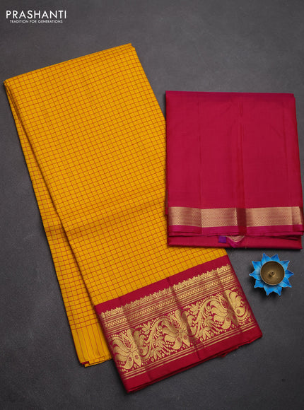 Pure kanchipuram silk lehenga dhawani yellow and pink with allover checked pattern and rich zari woven border