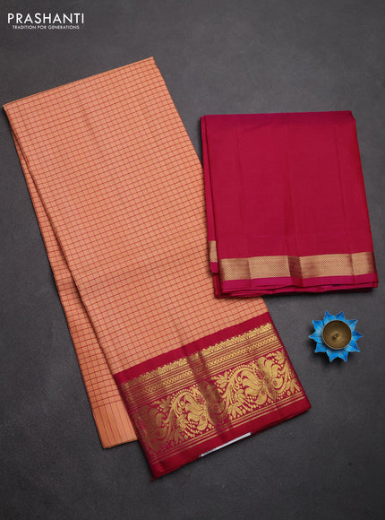 Pure kanchipuram silk lehenga dhawani peach orange and dark pink with allover checked pattern and rich zari woven border