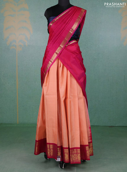 Pure kanchipuram silk lehenga dhawani peach orange and dark pink with allover checked pattern and rich zari woven border