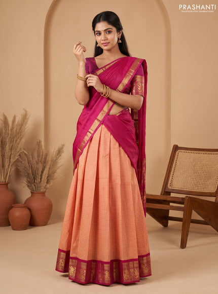 Pure kanchipuram silk lehenga dhawani peach orange and dark pink with allover checked pattern and rich zari woven border