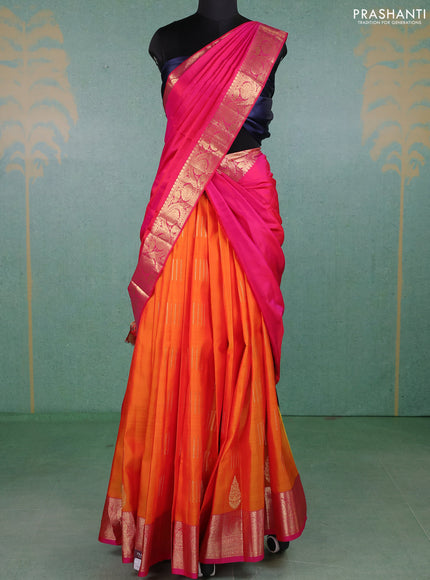 Pure kanchipuram silk lehenga dhawani mango yellow and pink with zari woven buttas and rich zari woven border