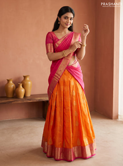 Pure kanchipuram silk lehenga dhawani mango yellow and pink with zari woven buttas and rich zari woven border