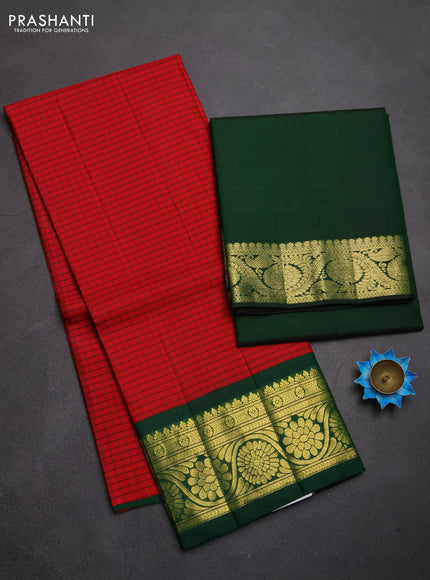 Pure kanchipuram silk lehenga dhawani red and bottle green with allover checked pattern and rich zari woven border
