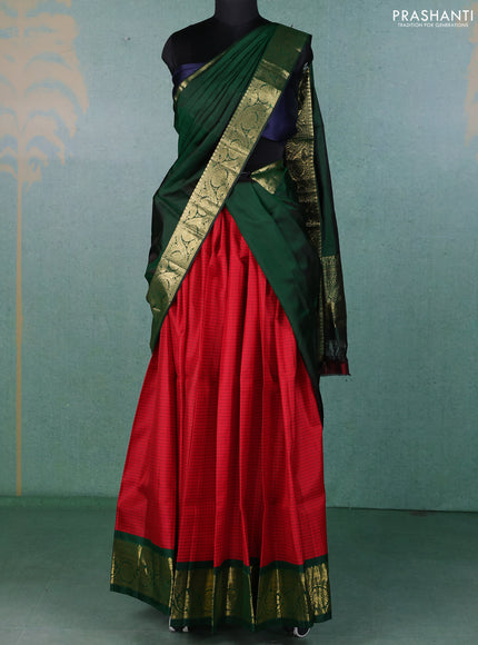 Pure kanchipuram silk lehenga dhawani red and bottle green with allover checked pattern and rich zari woven border