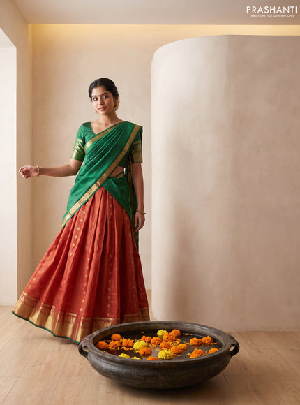 Pure kanchipuram silk lehenga dhawani red and bottle green with allover checked pattern and rich zari woven border