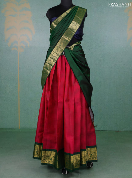Pure kanchipuram silk lehenga dhawani dark pink and green with allover checked pattern and rich zari woven border