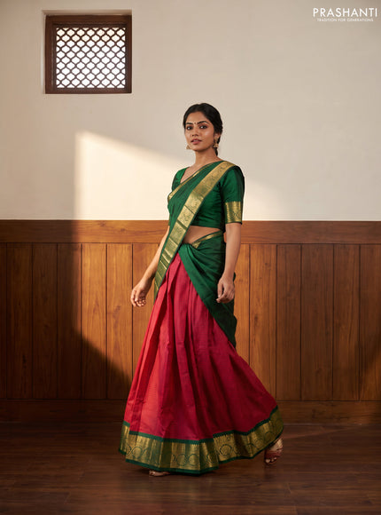 Pure kanchipuram silk lehenga dhawani dark pink and green with allover checked pattern and rich zari woven border