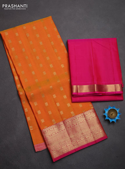 Pure kanchipuram silk lehenga dhawani mango yellow and pink with allover zari woven buttas and rich zari woven border