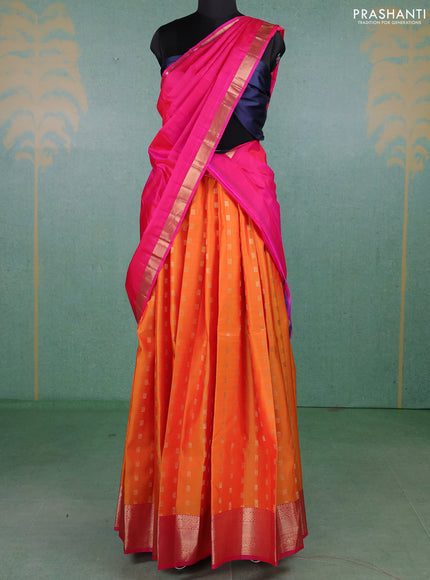 Pure kanchipuram silk lehenga dhawani mango yellow and pink with allover zari woven buttas and rich zari woven border