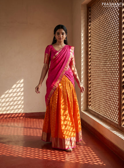 Pure kanchipuram silk lehenga dhawani mango yellow and pink with allover zari woven buttas and rich zari woven border