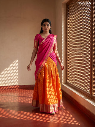 Pure kanchipuram silk lehenga dhawani mango yellow and pink with allover zari woven buttas and rich zari woven border