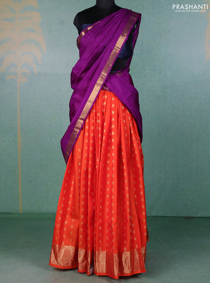 Pure kanchipuram silk lehenga dhawani orange and purple with allover zari woven buttas and rich zari woven border