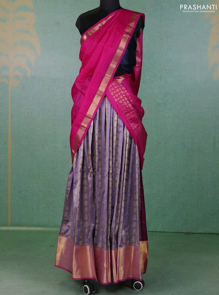 Pure kanchipuram silk lehenga dhawani pastel lavender and pink with allover zari woven buttas and long rich zari woven border