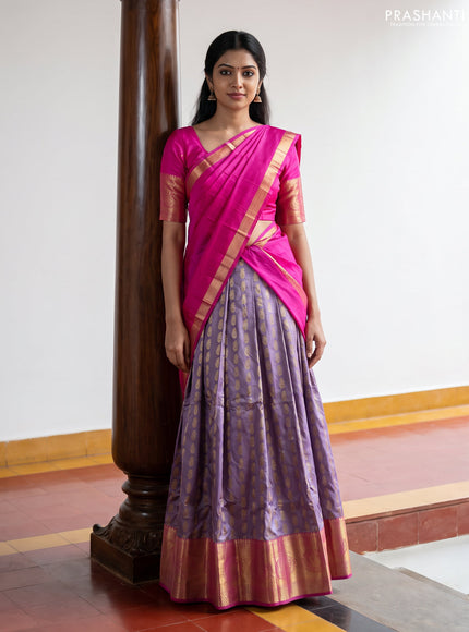 Pure kanchipuram silk lehenga dhawani pastel lavender and pink with allover zari woven buttas and long rich zari woven border