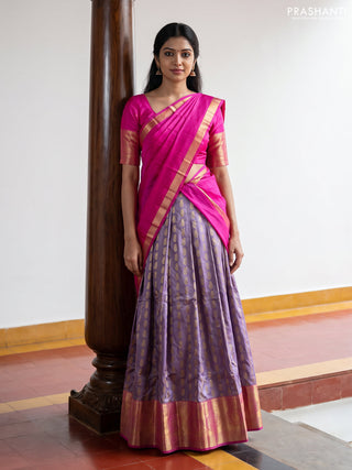 Pure kanchipuram silk lehenga dhawani pastel lavender and pink with allover zari woven buttas and long rich zari woven border