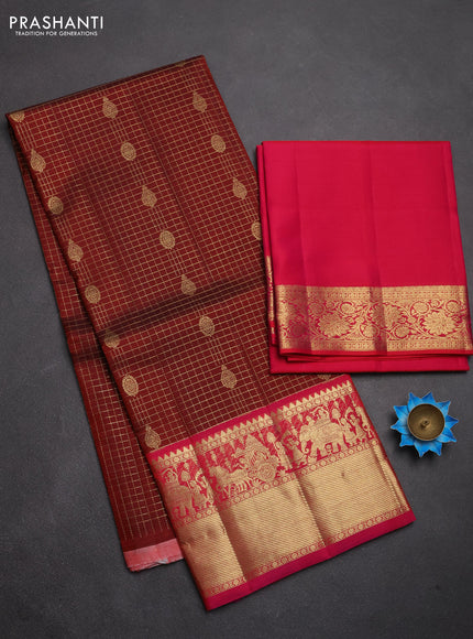 Pure kanchipuram silk lehenga dhawani deep maroon and pink with allover zari checks & buttas and rich zari woven border