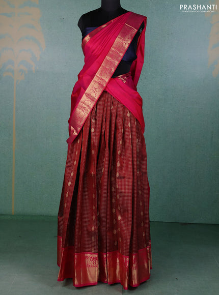 Pure kanchipuram silk lehenga dhawani deep maroon and pink with allover zari checks & buttas and rich zari woven border