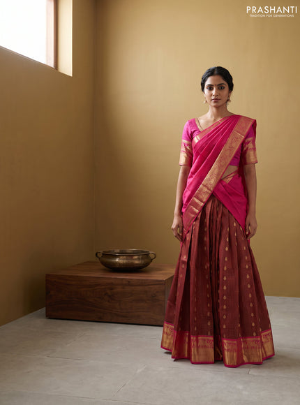 Pure kanchipuram silk lehenga dhawani deep maroon and pink with allover zari checks & buttas and rich zari woven border