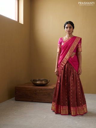 Pure kanchipuram silk lehenga dhawani deep maroon and pink with allover zari checks & buttas and rich zari woven border