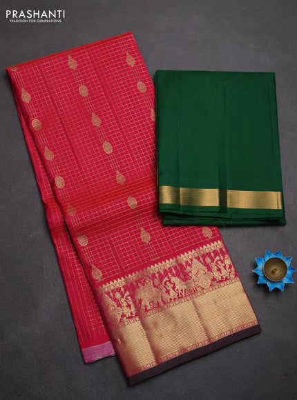 Pure kanchipuram silk lehenga dhawani pink and green with allover zari checks & buttas and rich zari woven border