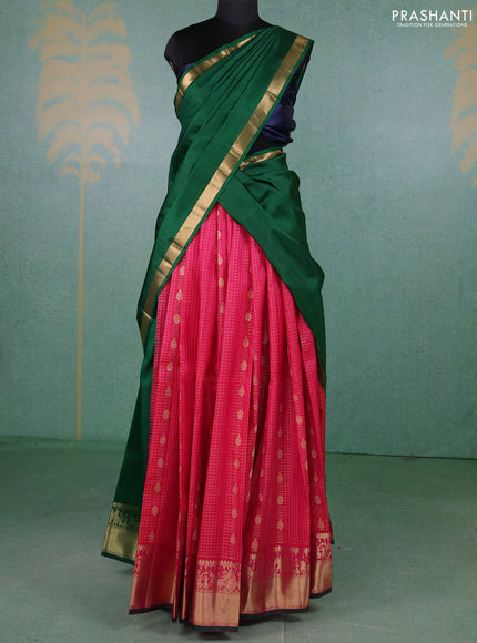 Pure kanchipuram silk lehenga dhawani pink and green with allover zari checks & buttas and rich zari woven border