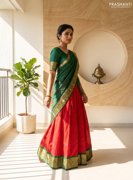 Pure kanchipuram silk lehenga dhawani pink and green with allover zari checks & buttas and rich zari woven border