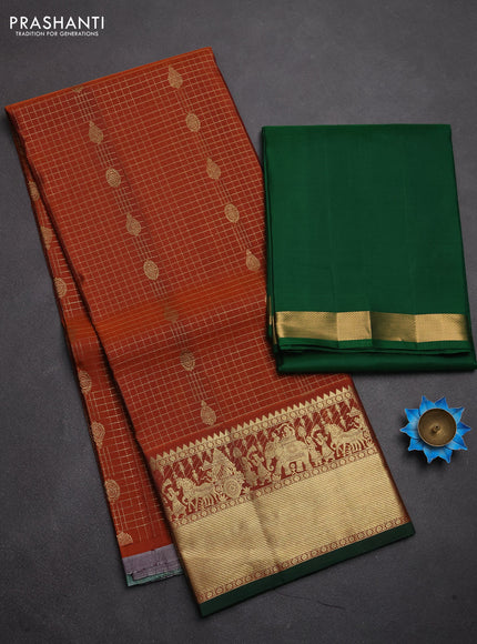 Pure kanchipuram silk lehenga dhawani rust shade and green with allover zari checks & buttas and rich zari woven border