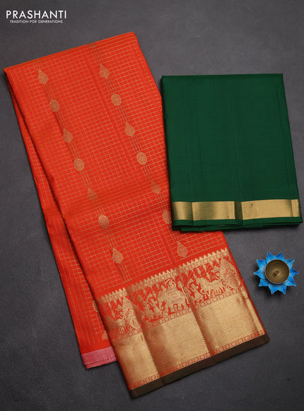Pure kanchipuram silk lehenga dhawani orange and green with allover zari checks & buttas and rich zari woven border