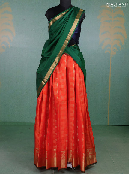 Pure kanchipuram silk lehenga dhawani orange and green with allover zari checks & buttas and rich zari woven border