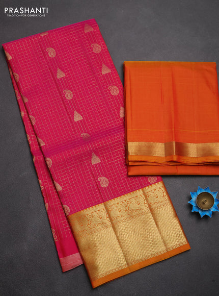 Pure kanchipuram silk lehenga dhawani pink and mango yellow with allover zari checks & buttas and rich zari woven border