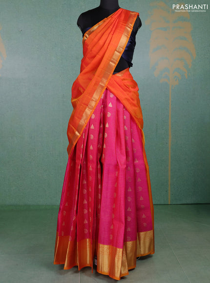 Pure kanchipuram silk lehenga dhawani pink and mango yellow with allover zari checks & buttas and rich zari woven border
