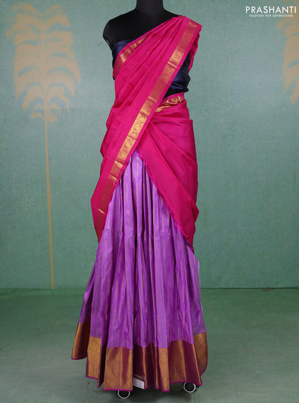 Pure kanchipuram silk lehenga dhawani lavender and pink with allover zari woven buttas and long rich zari woven border
