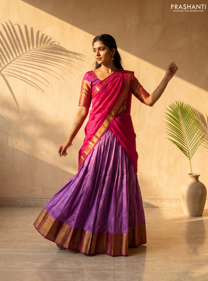 Pure kanchipuram silk lehenga dhawani lavender and pink with allover zari woven buttas and long rich zari woven border