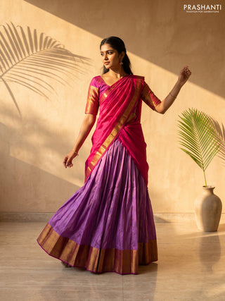Pure kanchipuram silk lehenga dhawani lavender and pink with allover zari woven buttas and long rich zari woven border