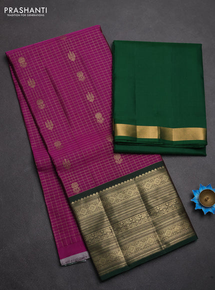 Pure kanchipuram silk lehenga dhawani purple and bottle green with allover zari checks & buttas and rich zari woven border