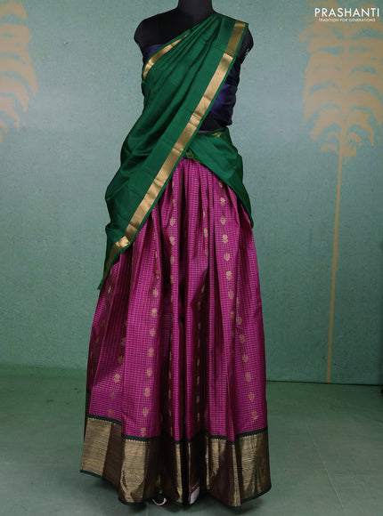 Pure kanchipuram silk lehenga dhawani purple and bottle green with allover zari checks & buttas and rich zari woven border