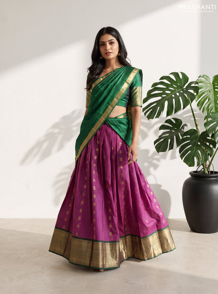 Pure kanchipuram silk lehenga dhawani purple and bottle green with allover zari checks & buttas and rich zari woven border