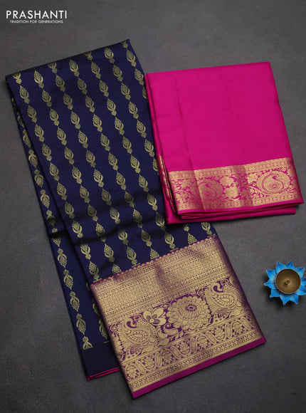 Pure kanchipuram silk lehenga dhawani navy blue and pink with allover zari weaves and rich zari woven border
