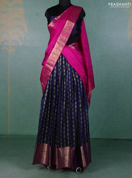 Pure kanchipuram silk lehenga dhawani navy blue and pink with allover zari weaves and rich zari woven border
