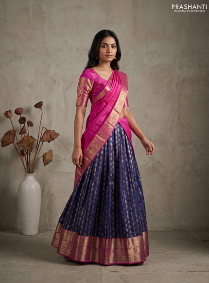 Pure kanchipuram silk lehenga dhawani navy blue and pink with allover zari weaves and rich zari woven border