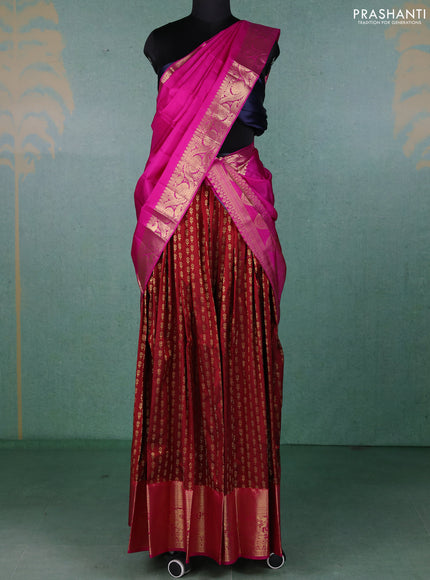 Pure kanchipuram silk lehenga dhawani deep maroon and pink with allover zari woven buttas and rich zari woven border
