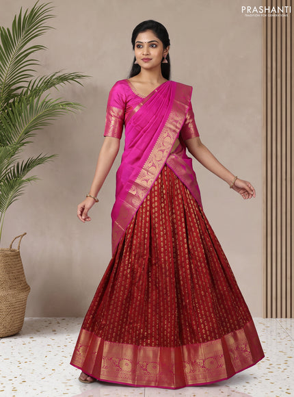 Pure kanchipuram silk lehenga dhawani deep maroon and pink with allover zari woven buttas and rich zari woven border