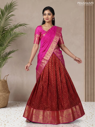 Pure kanchipuram silk lehenga dhawani deep maroon and pink with allover zari woven buttas and rich zari woven border