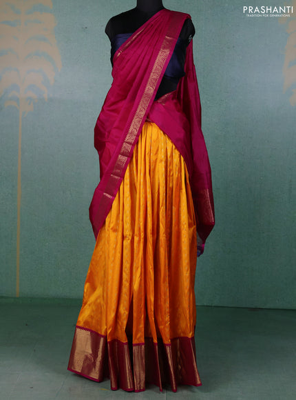 Pure kanchipuram silk lehenga dhawani mango yellow and pink with allover zari woven buttas and rich zari woven border