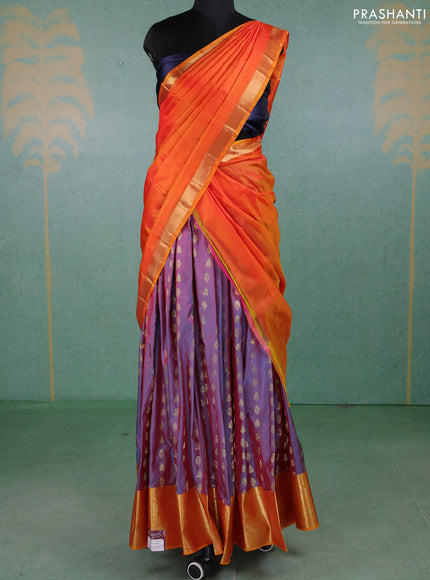 Pure kanchipuram silk lehenga dhawani dual shade of bluish rust and sunset orange with allover zari woven buttas and rich zari woven border